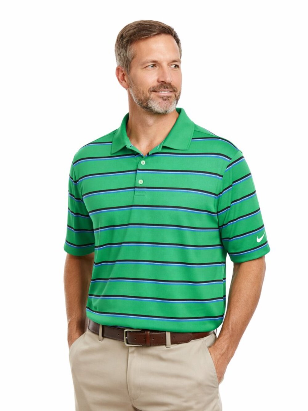Nike Golf Polo Dri-Fit Green Blue Striped Collared Short Sleeve Size Large